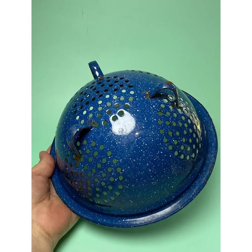 Vintage Teal Blue Speckled Graniteware Enamelware Colander Farmhouse Rustic Prim